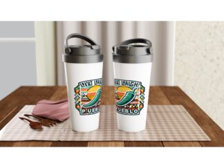 Live Laugh Pueblo Green Chile Southwest Aztec 15oz White Stainless Steel Travel Mug