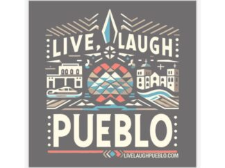 Live, Laugh, Pueblo! Vibrant Pueblo Cityscape Kiss-Cut Sticker