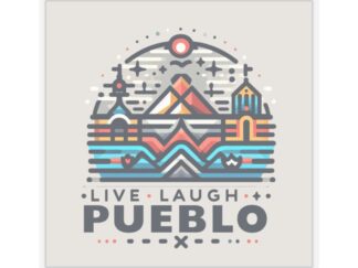 Live, Laugh, Pueblo! Colorful Mountain Cityscape Kiss-Cut Sticker