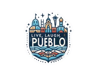 Live, Laugh, Pueblo! Vibrant Colorful Cityscape Collage Kiss-Cut Vinyl Sticker  | Durable, Water-Resistant Decals