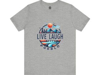 Live, Laugh, Pueblo! Colorful Lake Pueblo Reservoir Watercolor Mountain Sunset Unisex Jersey Short Sleeve Tee