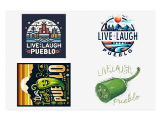Live, Laugh, Pueblo! Colorado Vinyl Sticker Sheet - Cityscape, Chili Peppers, Mountains, River - 4 Unique Designs, Water-Resistant, Indoor/Outdoor Use