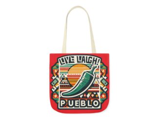 Live, Laugh, Pueblo! Vibrant Red Southwestern Chili Pepper with Aztec-Inspired Design Canvas Tote Bag, 5-Color Straps