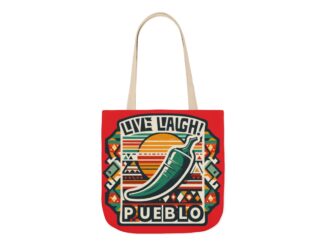 Live, Laugh, Pueblo! Vibrant Red Southwestern Chili Pepper with Aztec-Inspired Design Canvas Tote Bag, 5-Color Straps