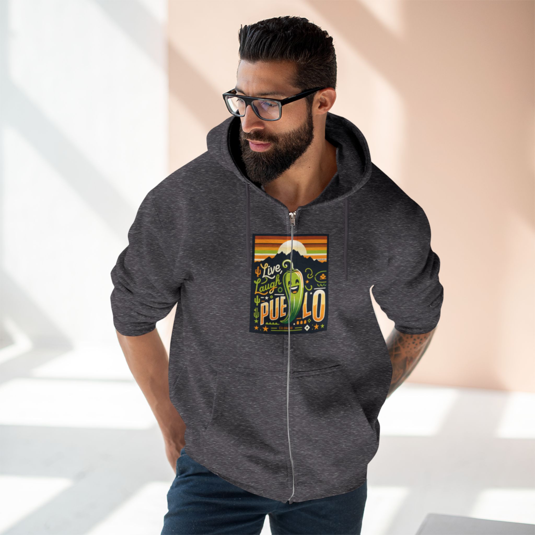 Live, Laugh, Pueblo! Colorado Chile Charm Premium Unisex Zip Hoodie - Image 3